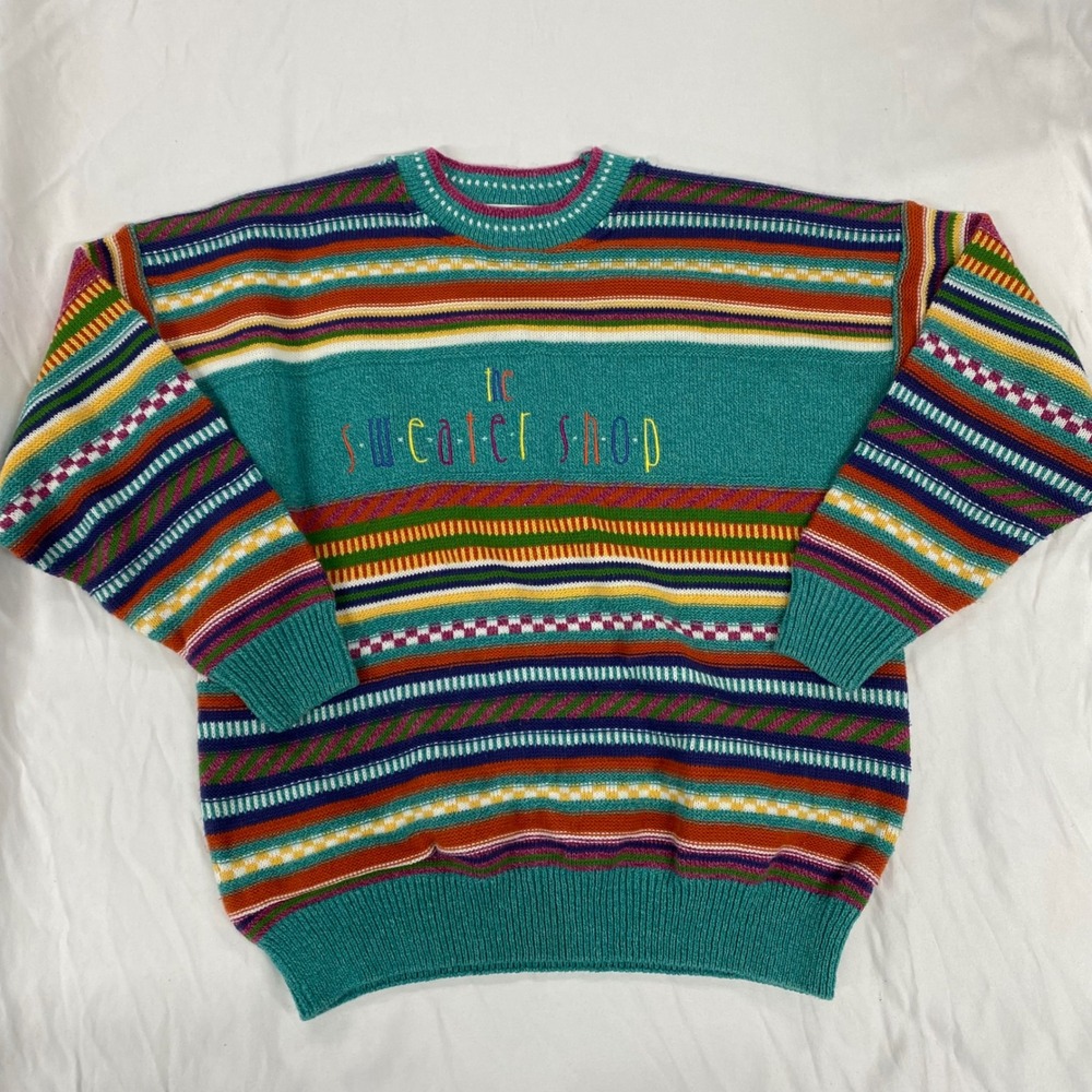 Vintage The Sweater Shop Striped Crewneck Sweater Teal Multi Made in UK 90s L